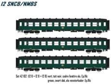 42102 Spoor HO, NMBS, set I2, DC, B + B + B, groen, zwart dak, alu vensterkader, Nieuwe referentie, Ep.IIIc.