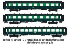 42107 Spoor HO, NMBS, set I2, DC, AB + AB + C, licht donker groen, zwart dak, boegies Pennsylvania, Ep.IIIa.
