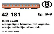 42181 Spoor HO, NMBS, rijtuig I4 B9 exA9, oranje, witte lijn, zilver dak, UIC nummering, TpIV-V.