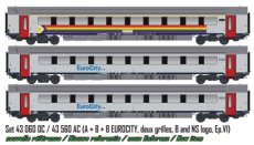 43060 Spoor HO, NMBS, set DC,  A + B + B EUROCITY, 2 roosters, NMBS en NS logo, Tp.VI.