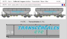 45.373 Spoor HO, F-CTC, Set B, 2 graanwagens 'Transcéréales Blauw / Bleu', met andere registratienummers.